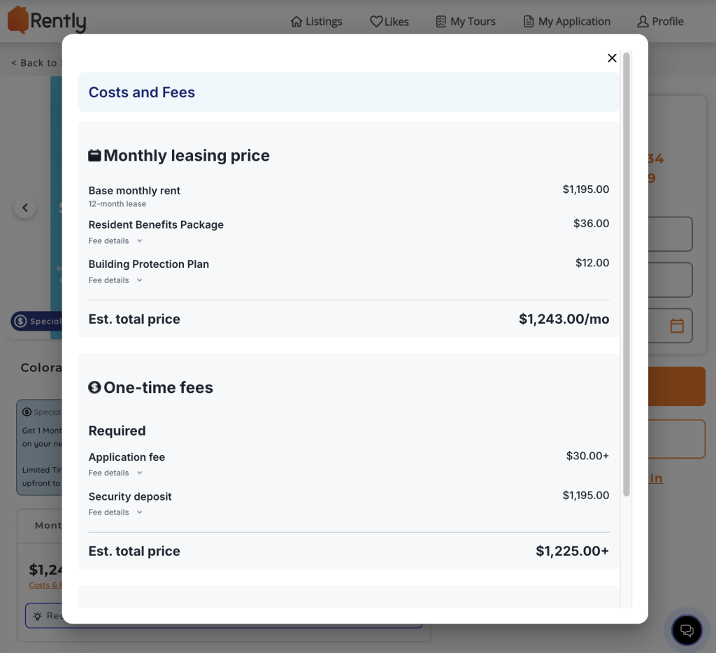 expanded cost and fees detail page